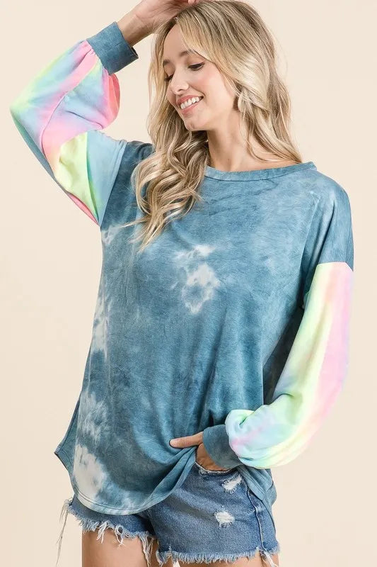 BiBi Tie Dye French Terry Top With Contrast Tie Dye