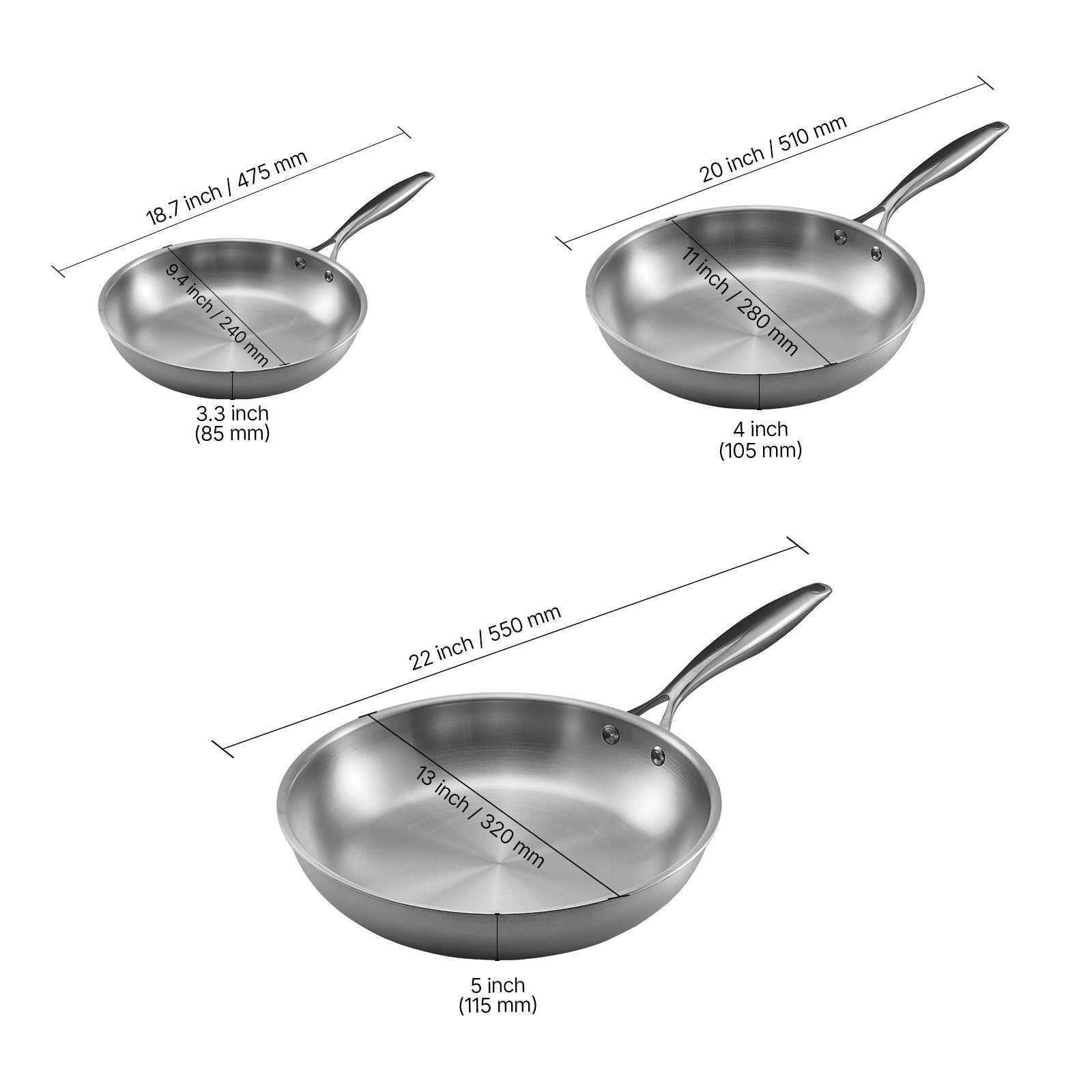 Triply Stainless Steel Frying Pan 3 Pcs Skillet 8 10 12 in for Dishwasher Silver