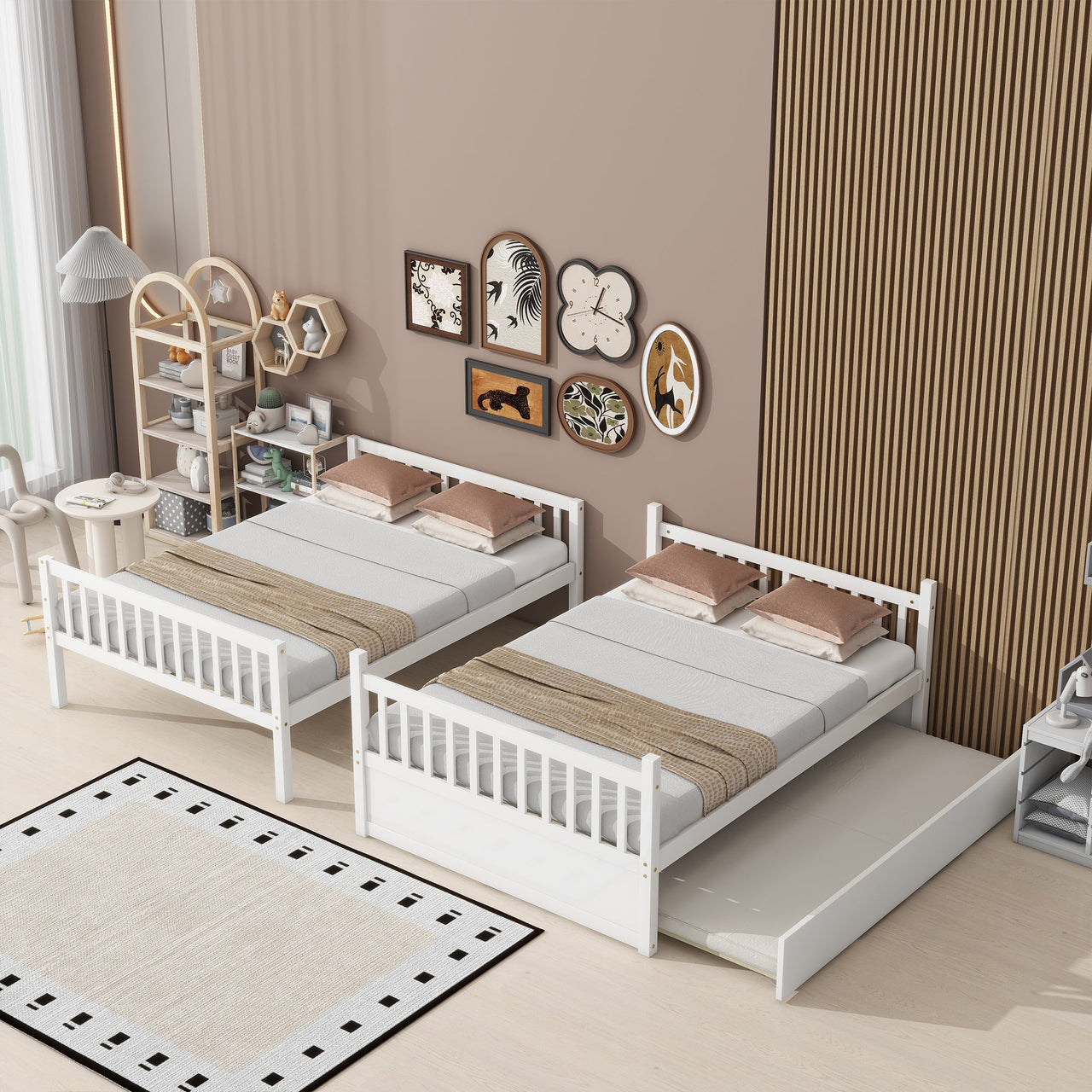 Full Over Full Rubber Wood Bunk Bed with Trundle, Ladder and Guardrails, Convertible to 2 Full Size Beds, with Twin Size Trundle,White