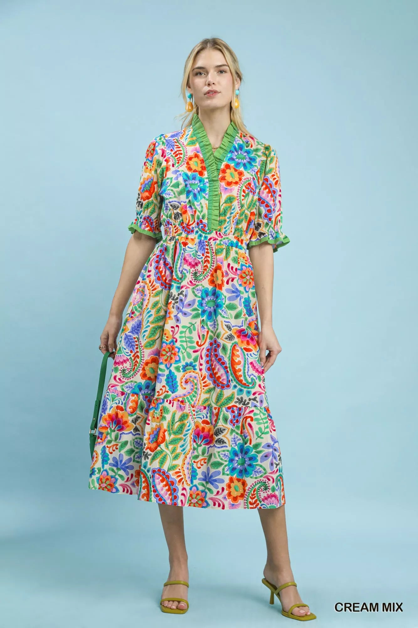 Umgee Mix Floral Midi Dress with Ruffle Trim