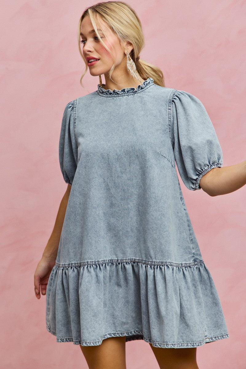 SO ME Denim Short Sleeves Mini Tiered Dress