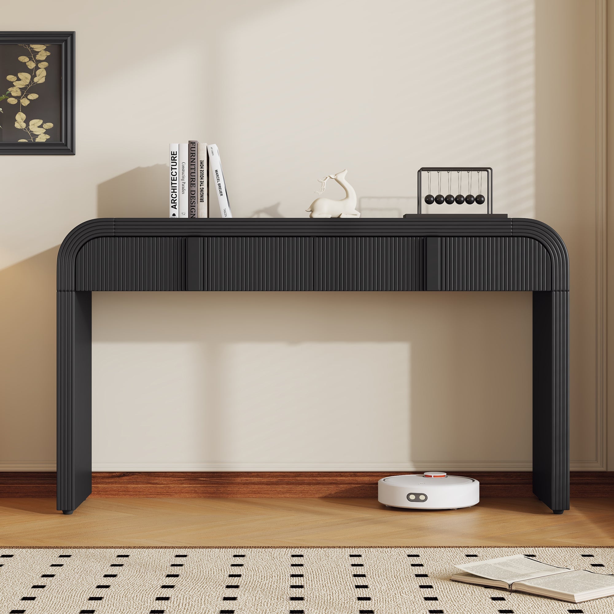 TREXM Modern Console Table with 2 Storage Drawers, Fluted Entryway Table with Rounded Silhouette for Hallway Living Room and Entryway (Black)