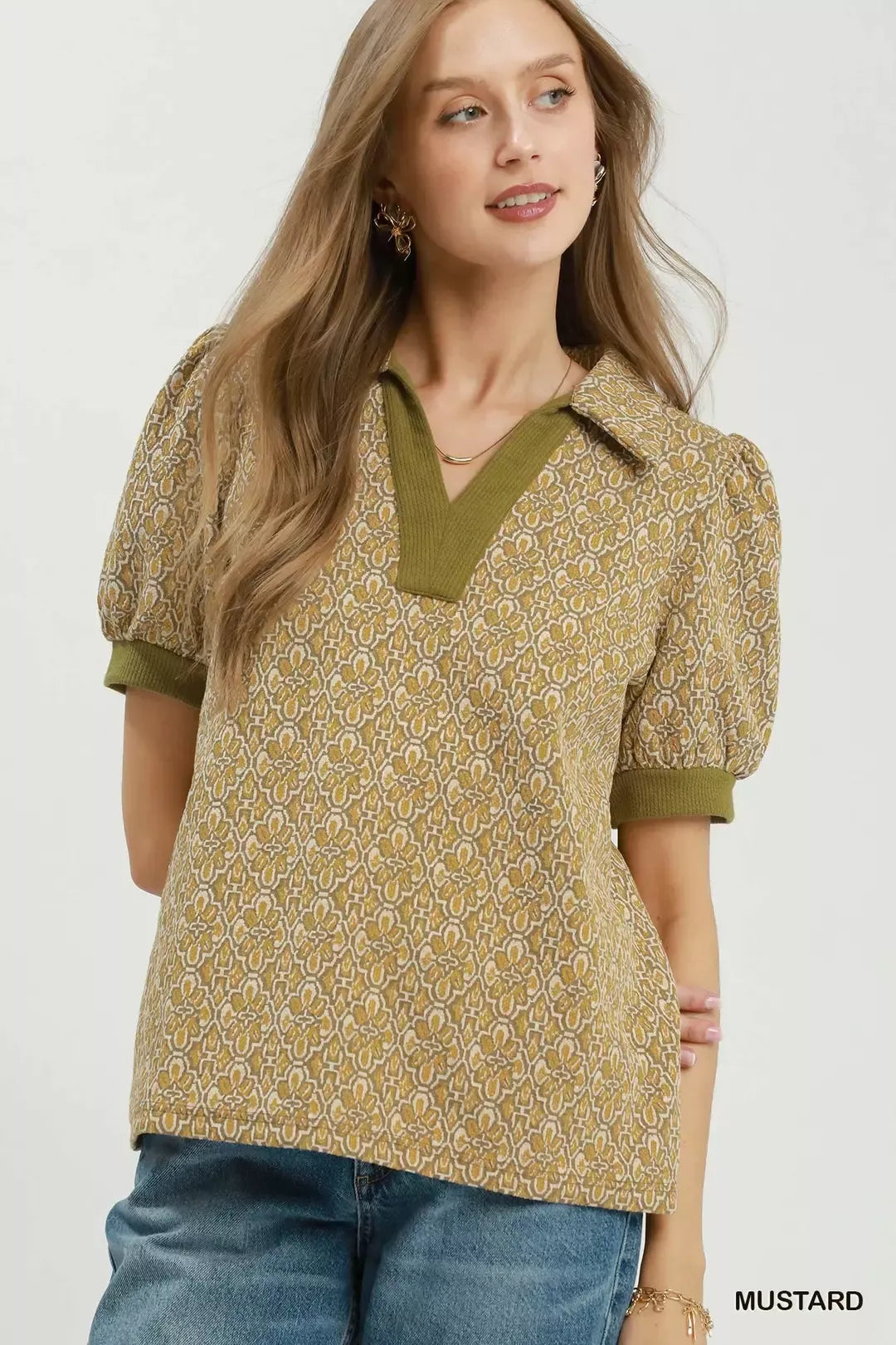 Umgee Printed Collared Puff Sleeve Top