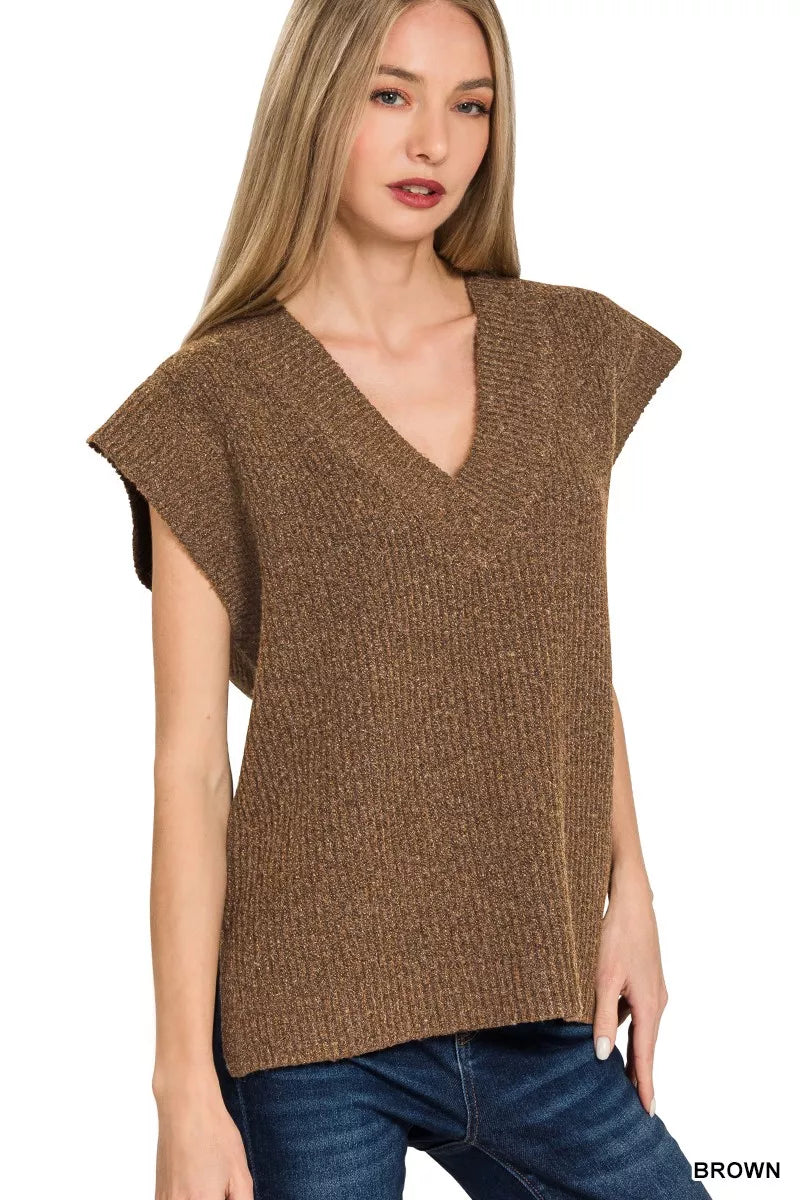 Zenana Ribbed Slit V-Neck Sweater Vest