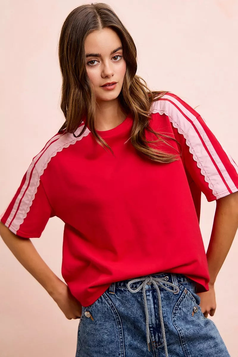 BiBi French Terry Side Lace Detail Short Sleeves Top
