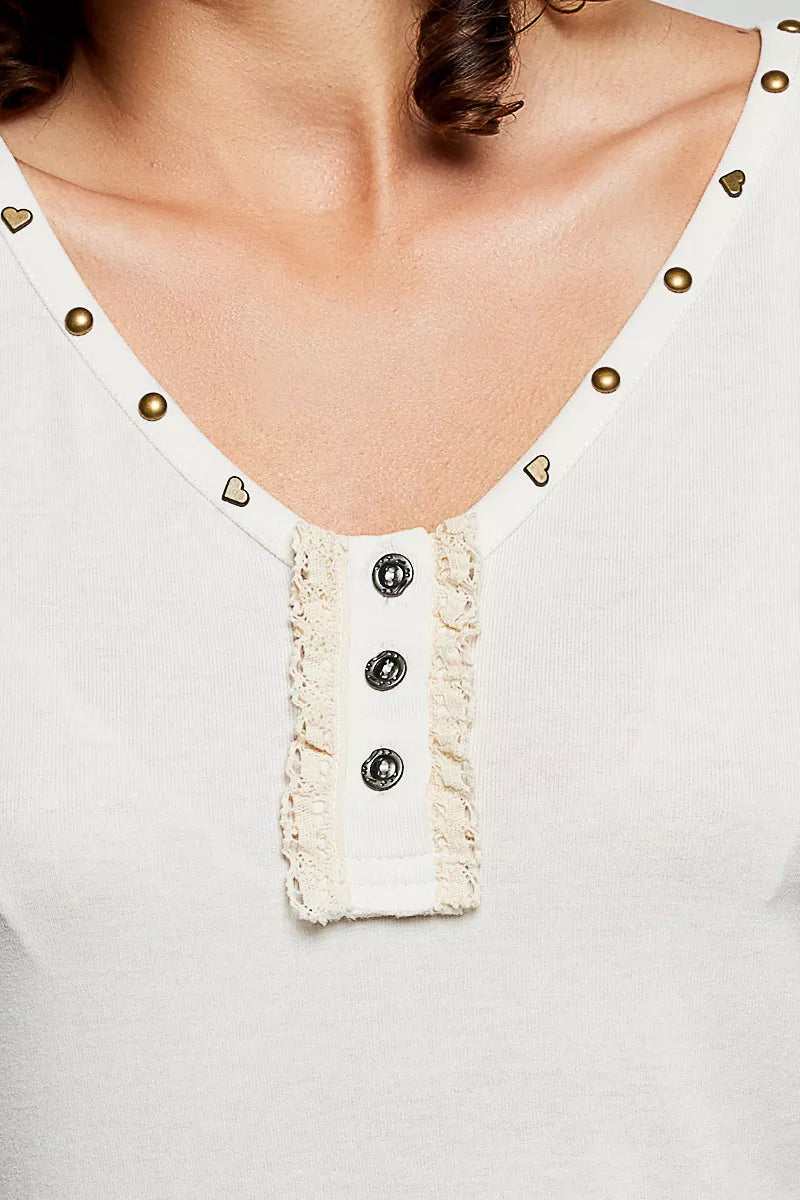 POL Studded Trim Button-Front Ruffle Detail Tank