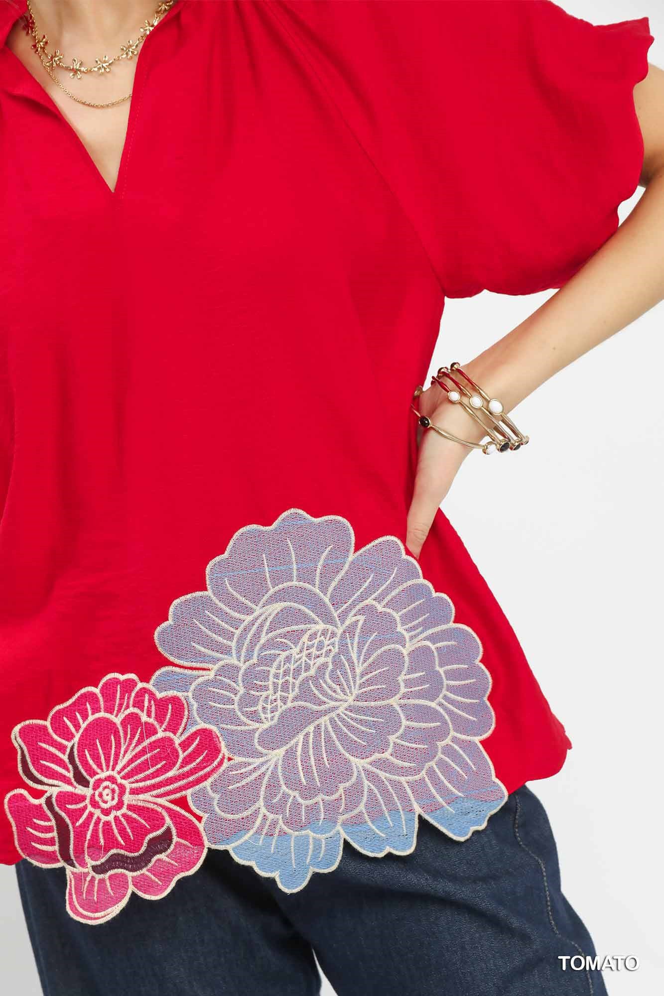 Umgee Floral Embroidered Hem Blouse