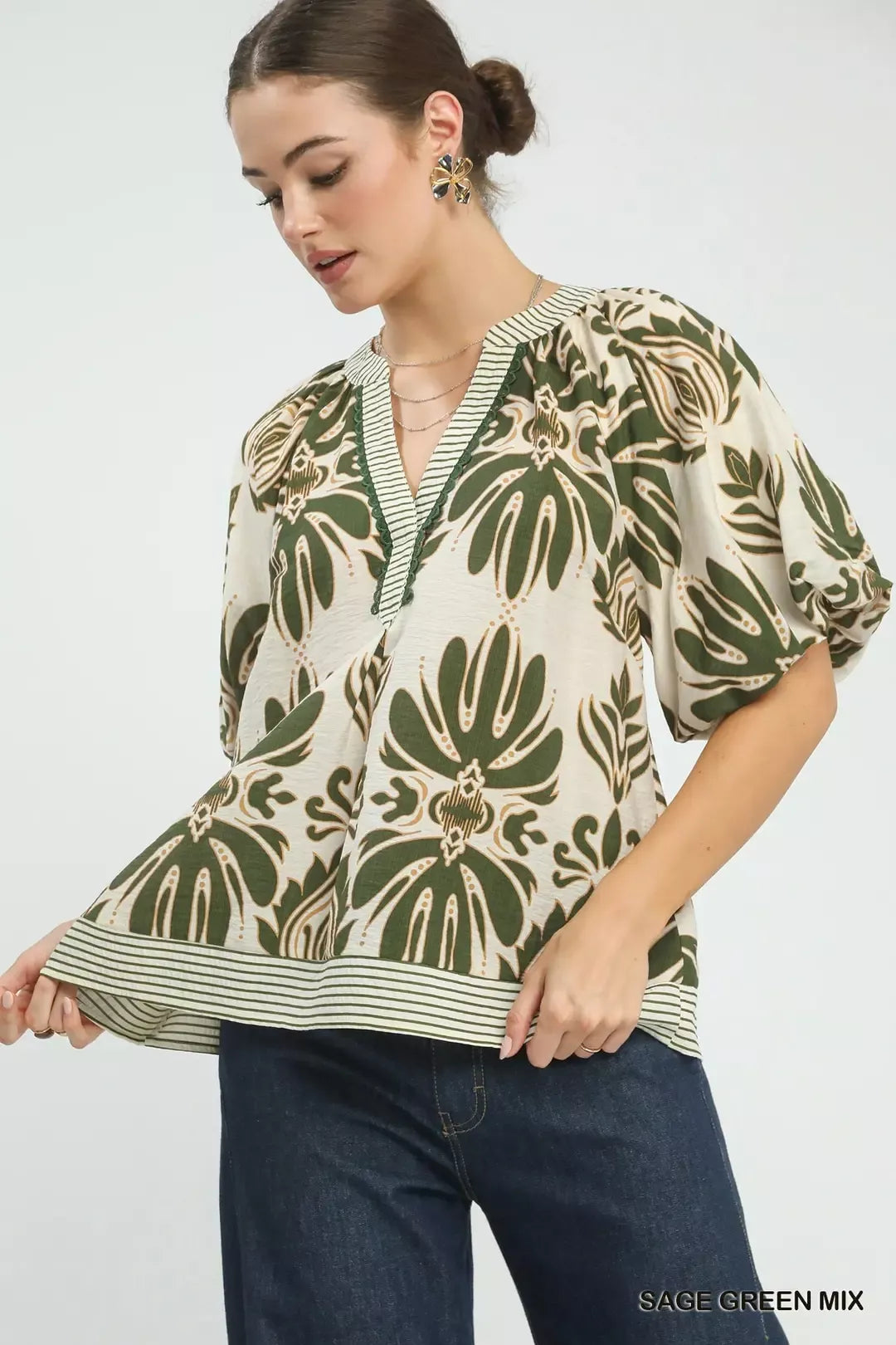 Umgee Mix Printed Puff Sleeve Top with Contrast Trim