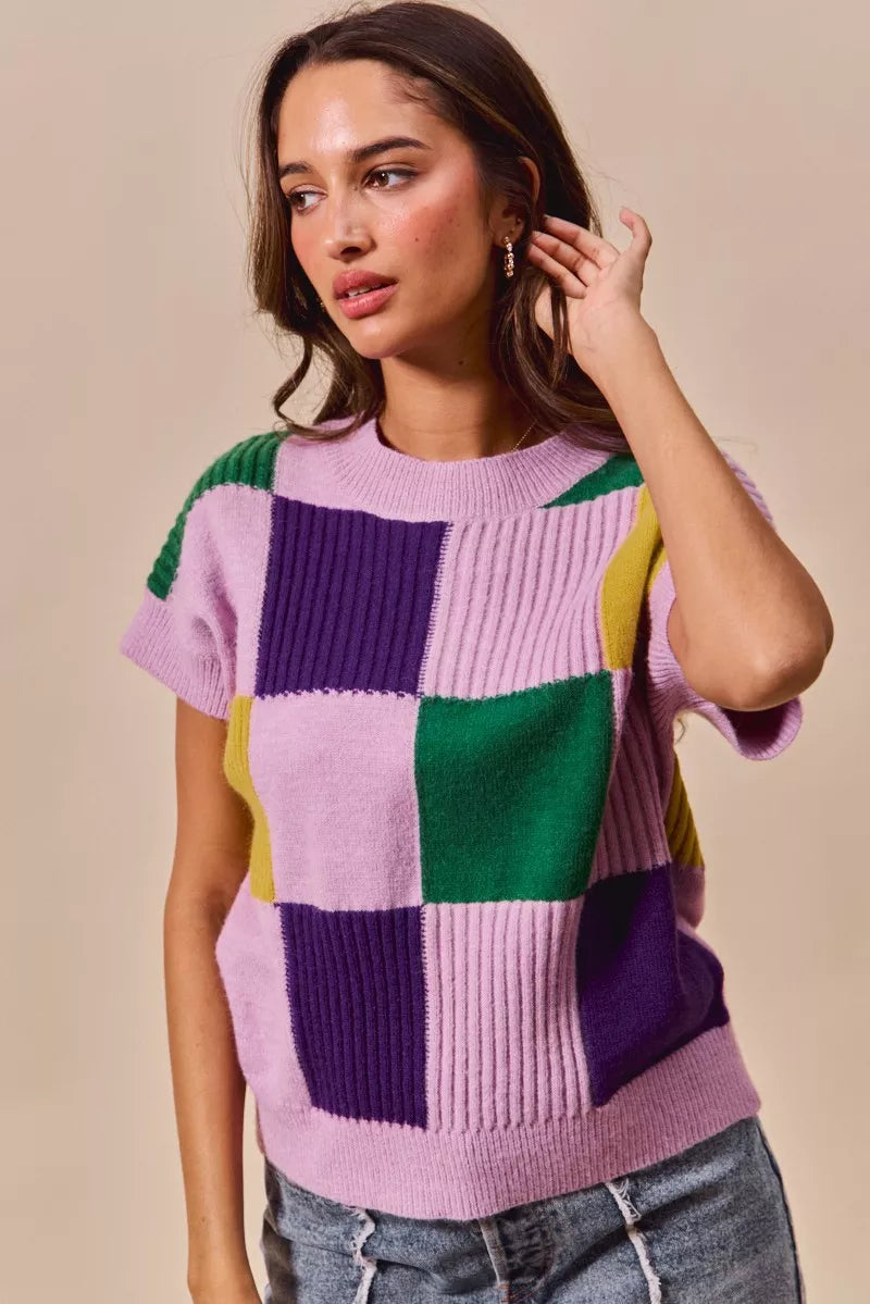 SO ME Mardi Gras Check Plaid Casual Sweater Top