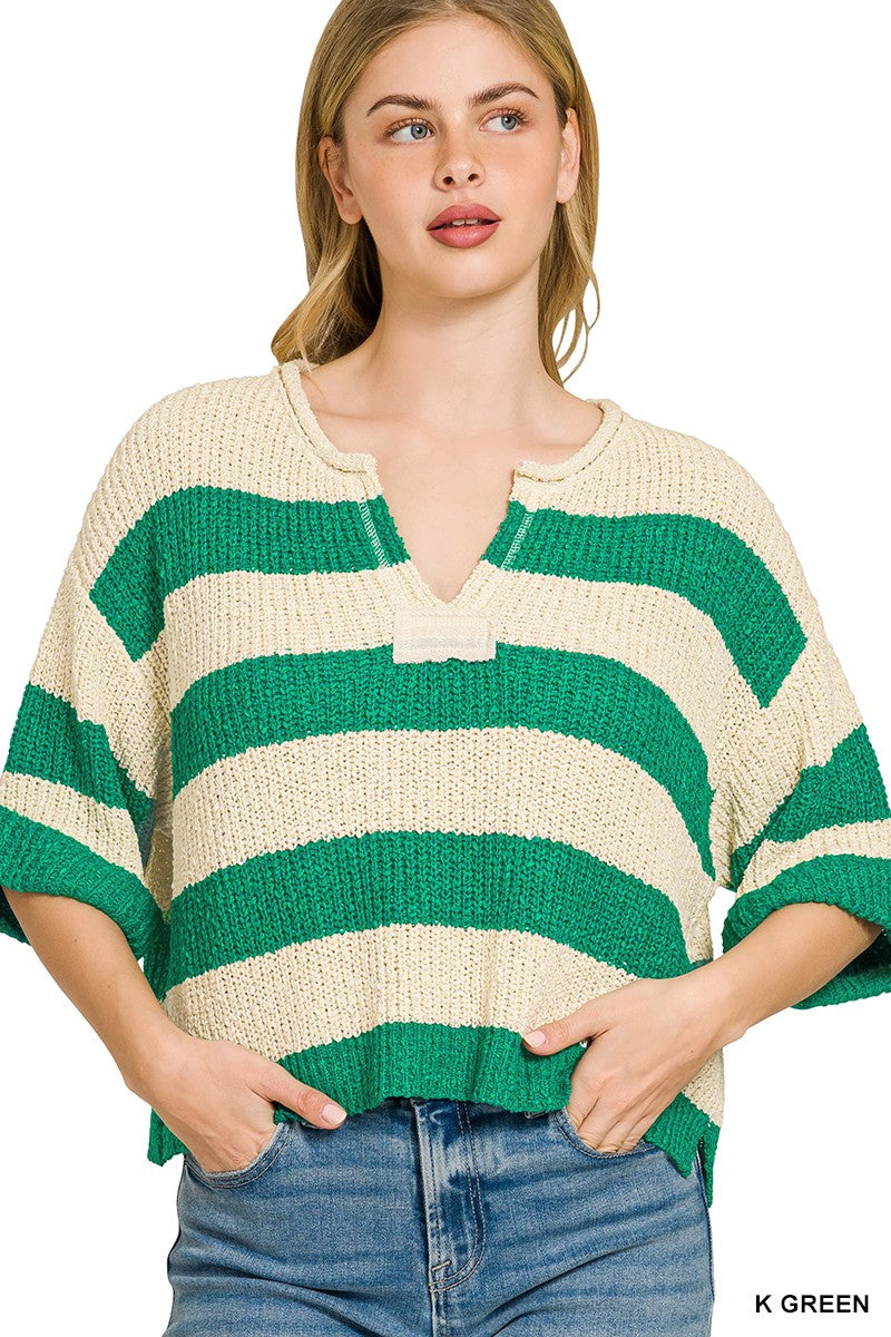 Zenana Split Neck Stripe Sweater