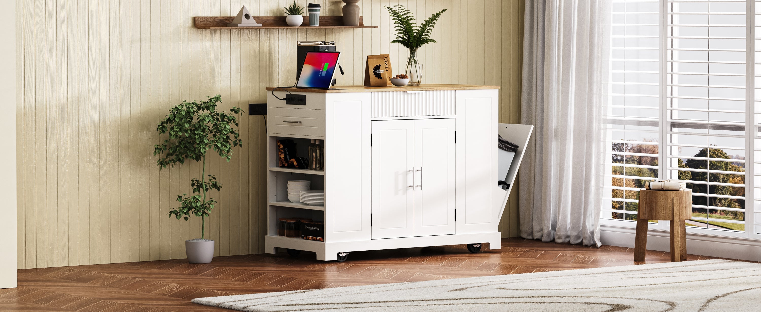 K&K Fluted Kitchen Island with Trash Can Storage Cabinet, Power Outlet, Internal Storage Rack, Rolling Kitchen Islands on 5 Wheels with 3 Drawer, 3 Open Side Racks for 10 Gallon Garbage Bin, White