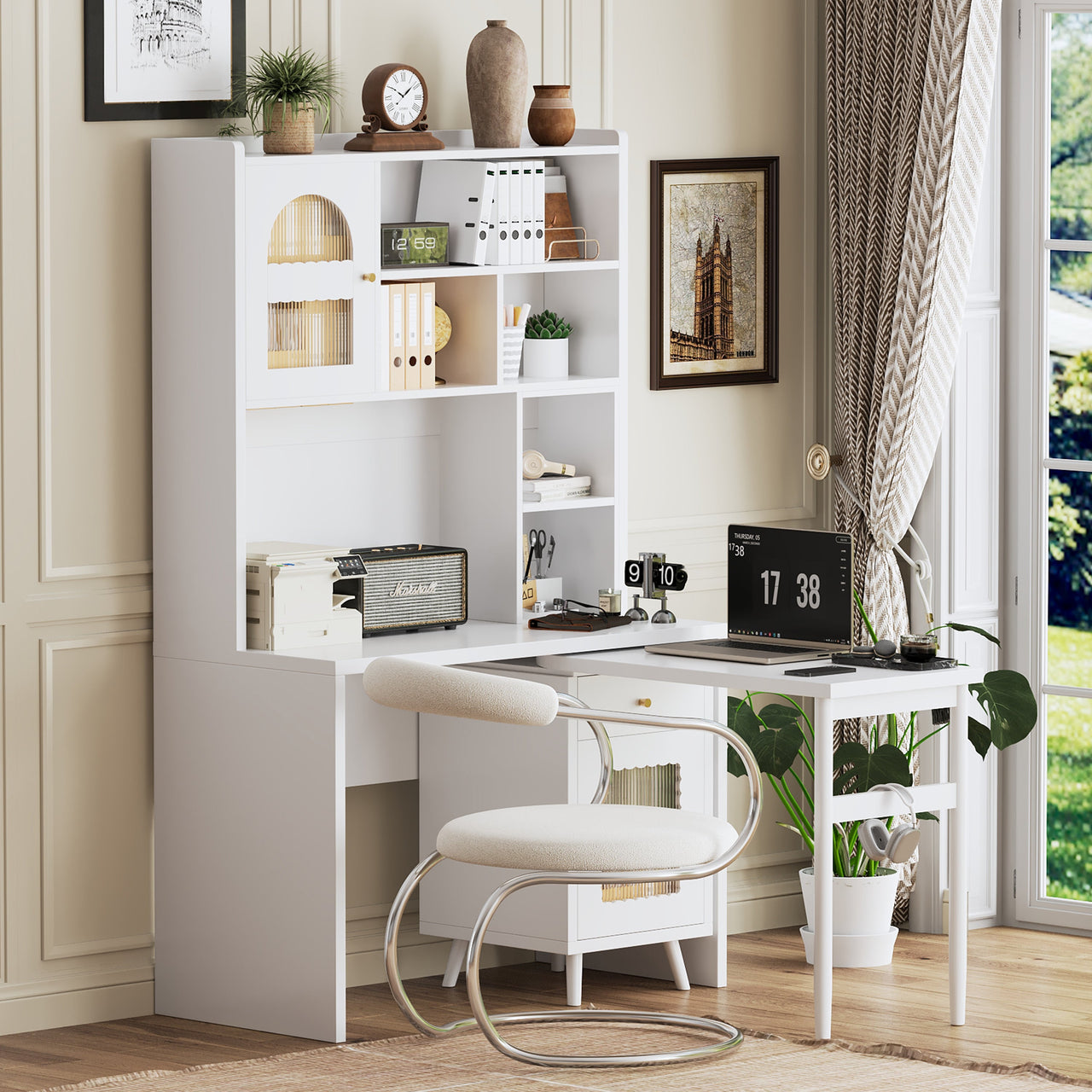 Computer Desk with 90 Degree Rotating Desktop, 43x70 Inch Office Desk with Storage Drawer and Cabinets, Gaming Desk with Shelves, Writing Desk for Study, Work Desk for Home (Old SKU:N733P279101K)