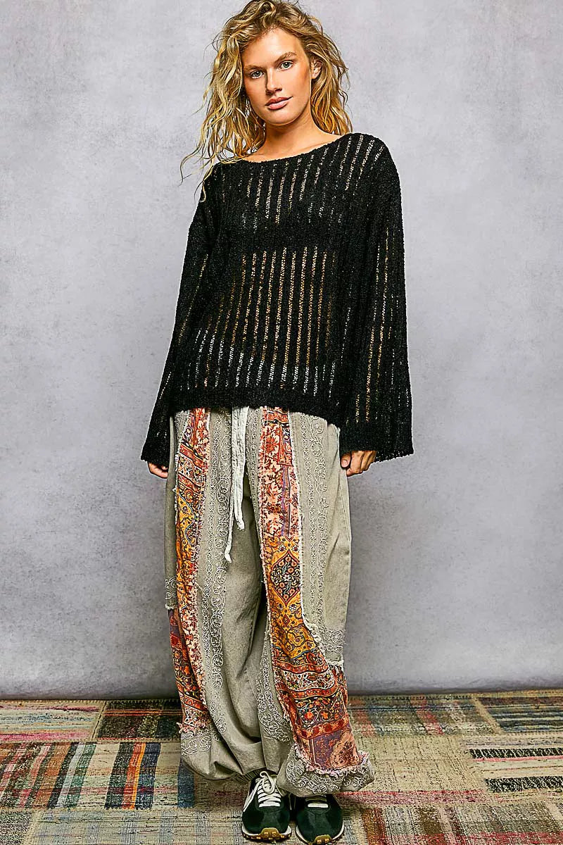 POL Round Neck Long Sleeve Open Weave Sweater