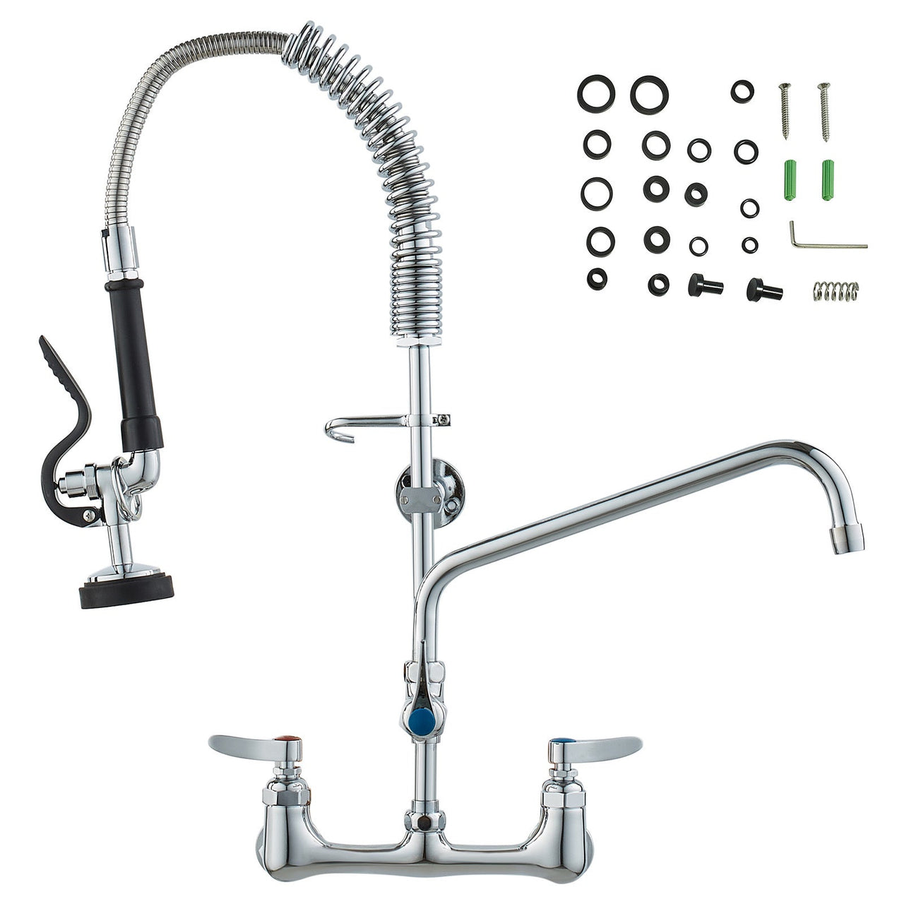 Commercial Faucet with Pre-Rinse Sprayer, 25' Height, 8' Center, 12' Swing Spout, Wall Mount Kitchen Sink Faucet, Brass Constructed Device with Pull Down Spray, for 1/2/3 Compartment Sink