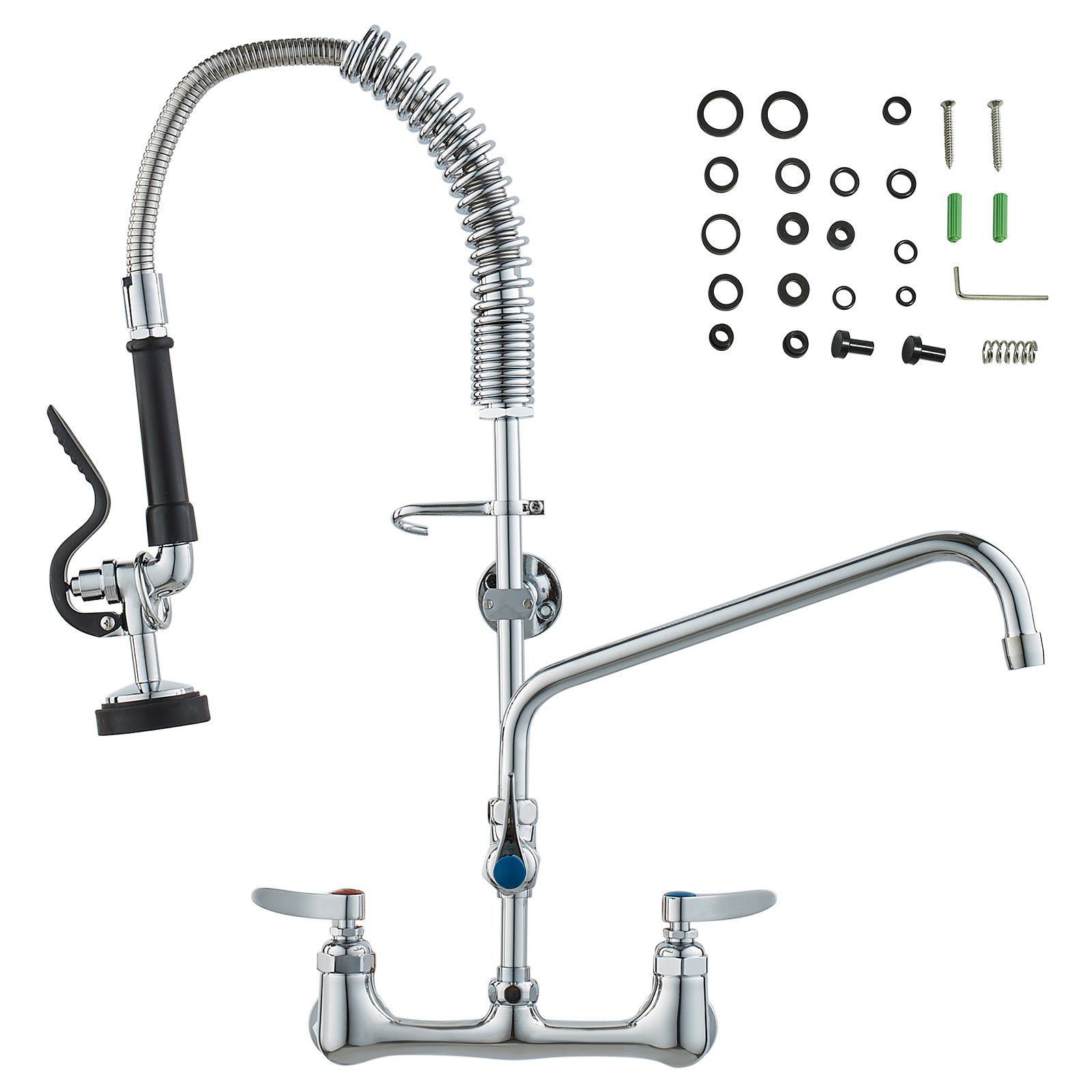 Commercial Faucet with Pre-Rinse Sprayer, 25' Height, 8' Center, 12' Swing Spout, Wall Mount Kitchen Sink Faucet, Brass Constructed Device with Pull Down Spray, for 1/2/3 Compartment Sink