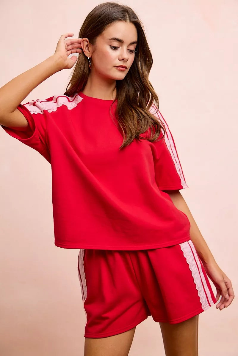 BiBi French Terry Side Lace Detail Short Sleeves Top