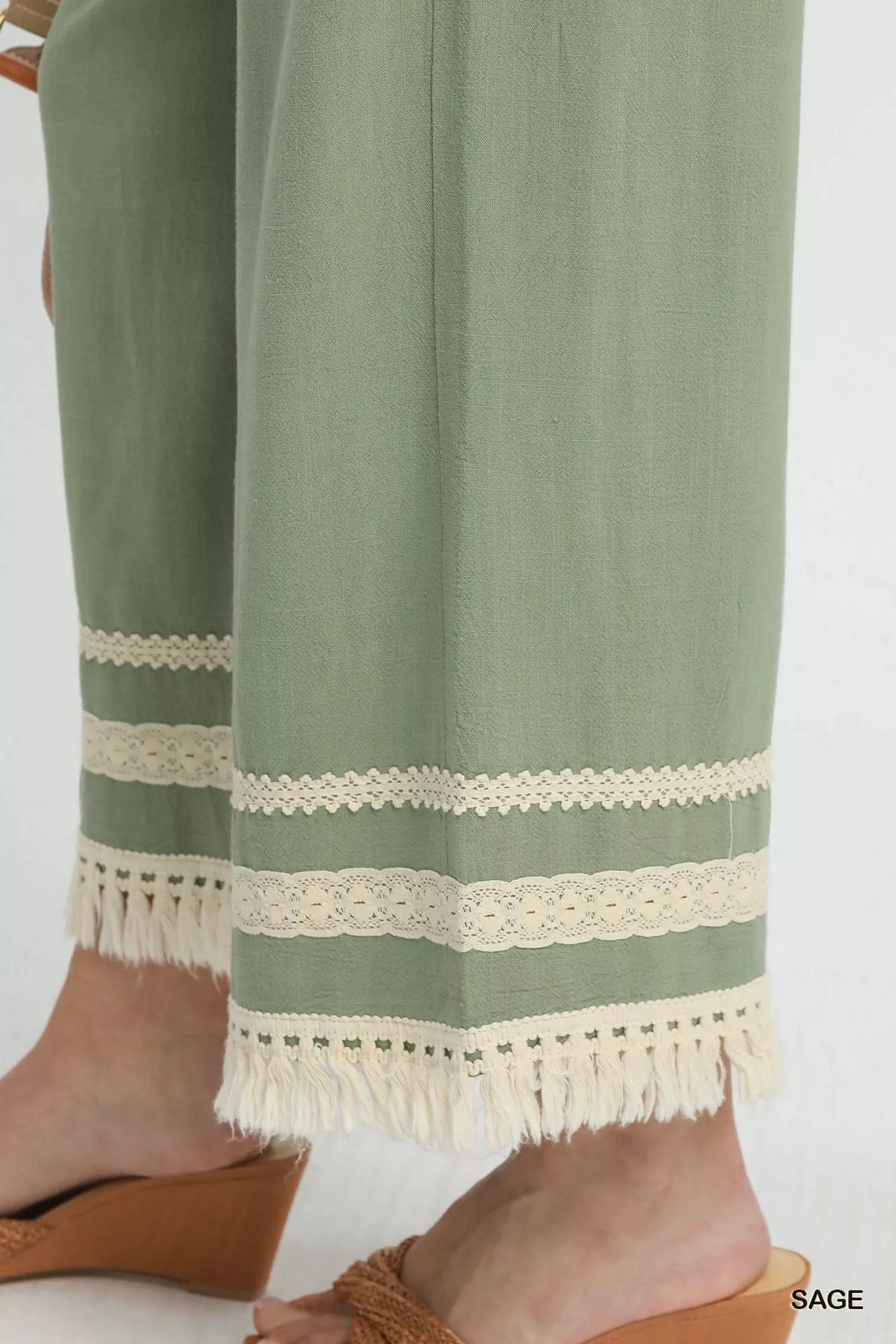Umgee Lace Trim Fringe Hem Wide Leg Pants
