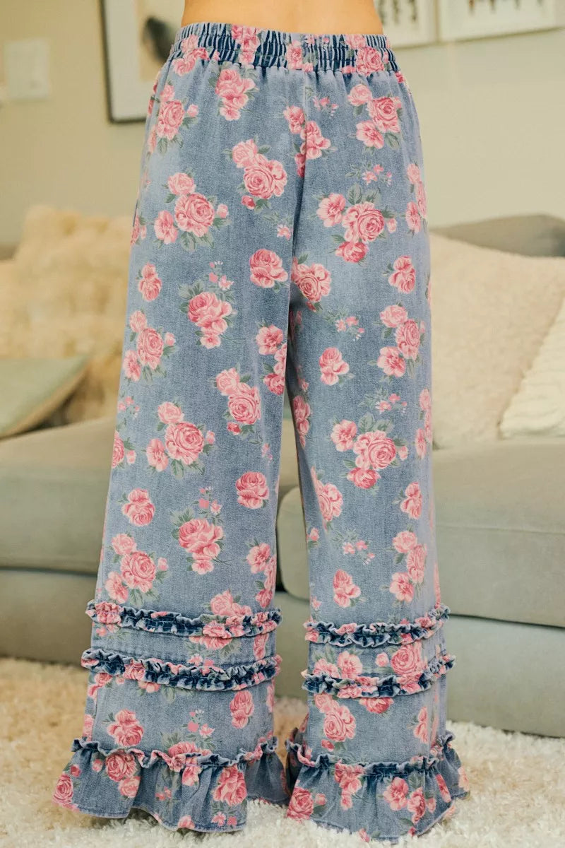 BiBi Washed Floral Denim With Ruffle Elastic Wide Pants