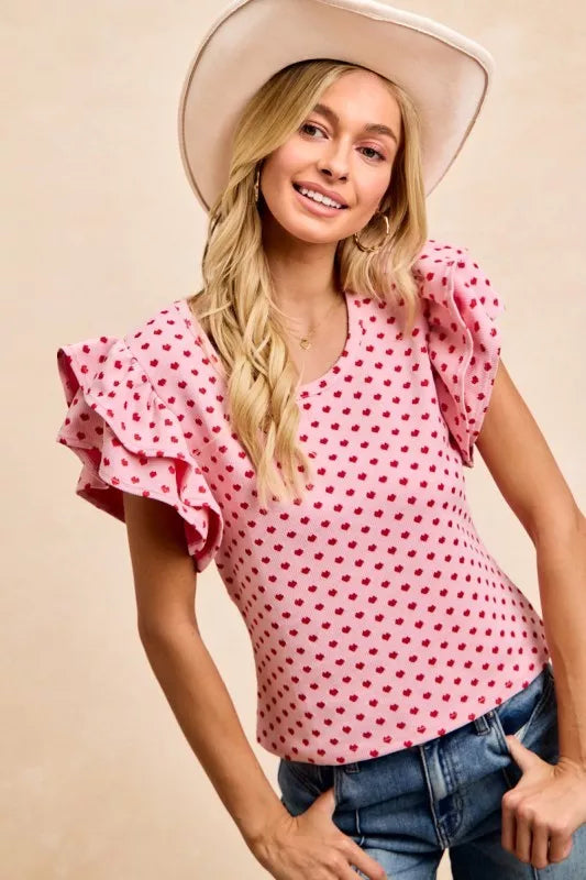 BiBi Heart Patterned Knit Ruffled Sleeves Top