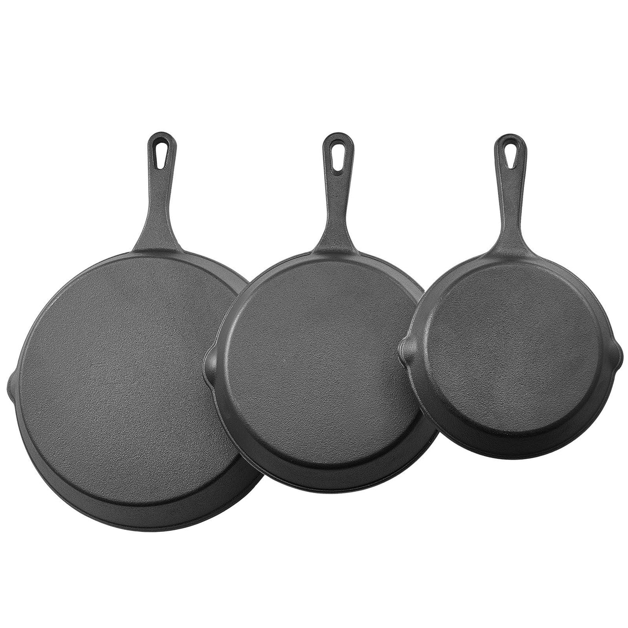 3 Piece Cast Iron Skillet Frying Pan Set 6 8 10 in Handle Pre-Seasoned Black