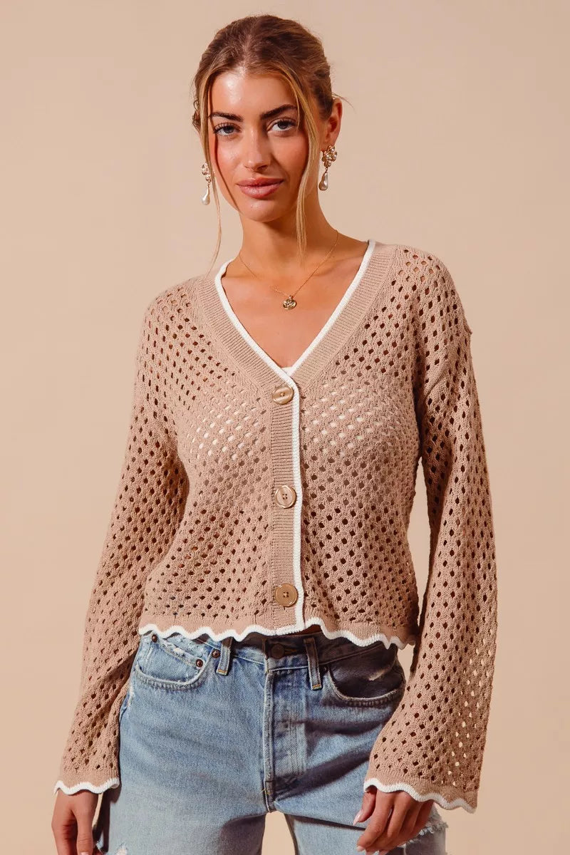 SO ME Open Knit Light Weight Sweater Cardigan With Contrast Wavy Scallop Edge