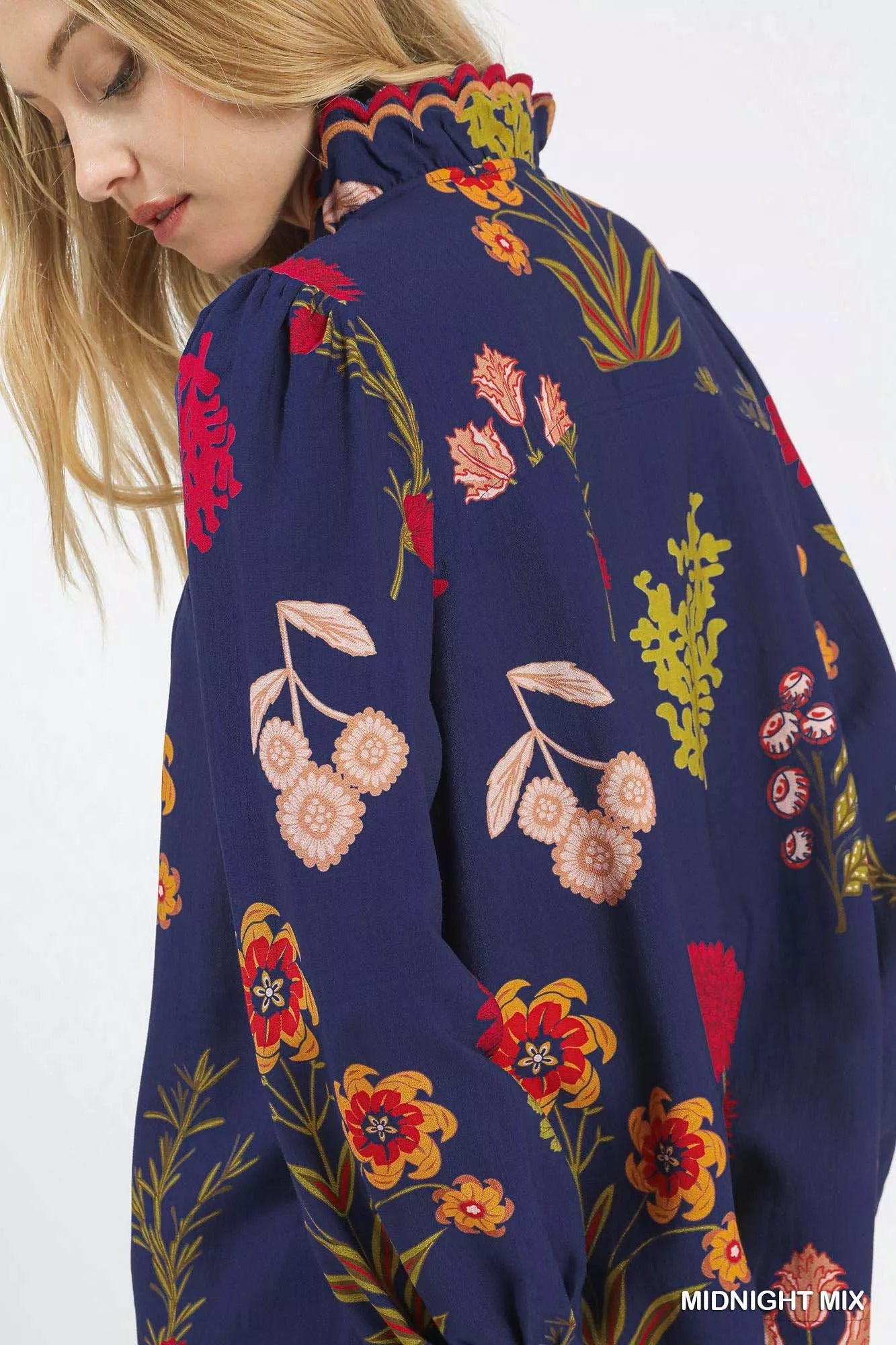 Umgee Flower Print Blouse with Scalloped Neckline