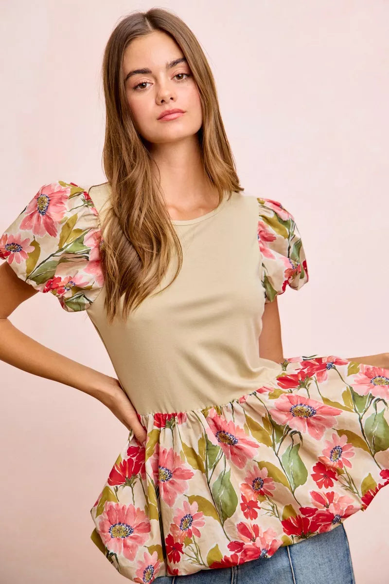 BiBi Floral Printed Bubble Sleeves and Hem Peplum Top