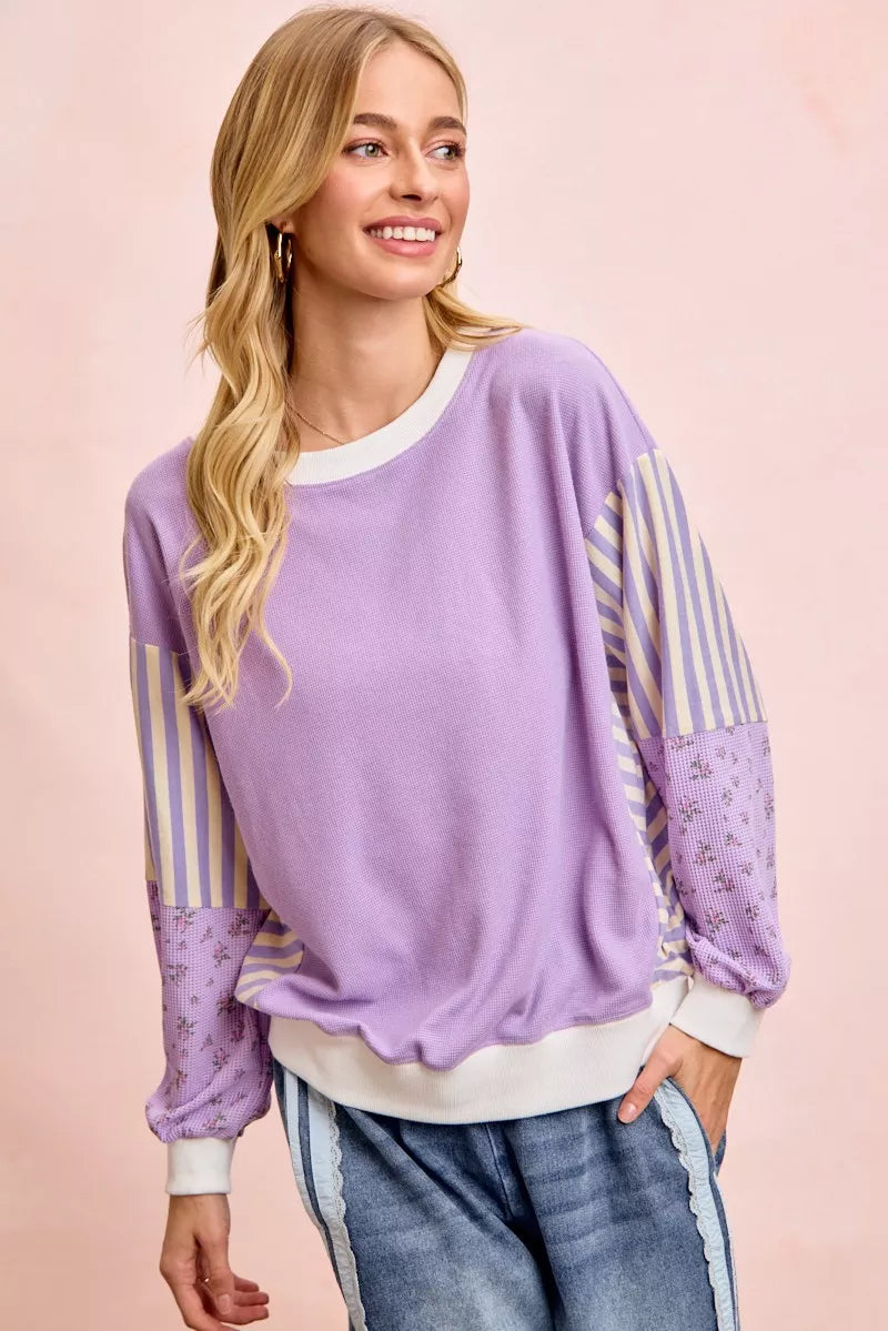 BiBi Mix and Match Sweatshirt with Floral Sleeve Striped