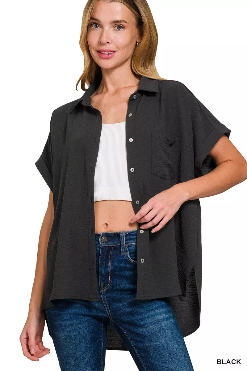 Zenana Full Size Woven Airflow Button Down Shirt Plus Size