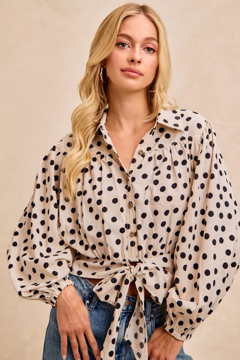 BiBi Polka Dot Print Tie Hem Detail Crop Shirt
