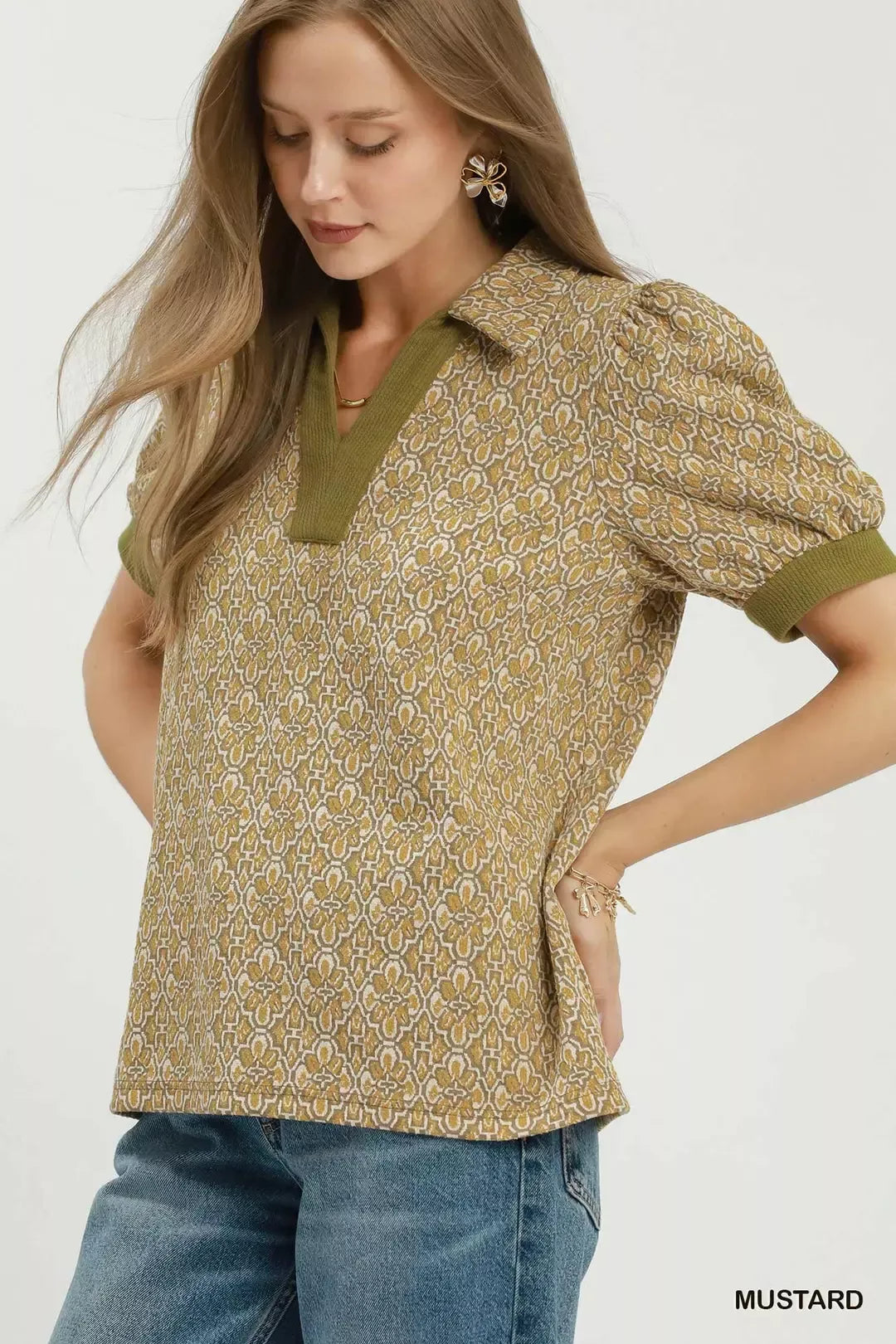 Umgee Printed Collared Puff Sleeve Top