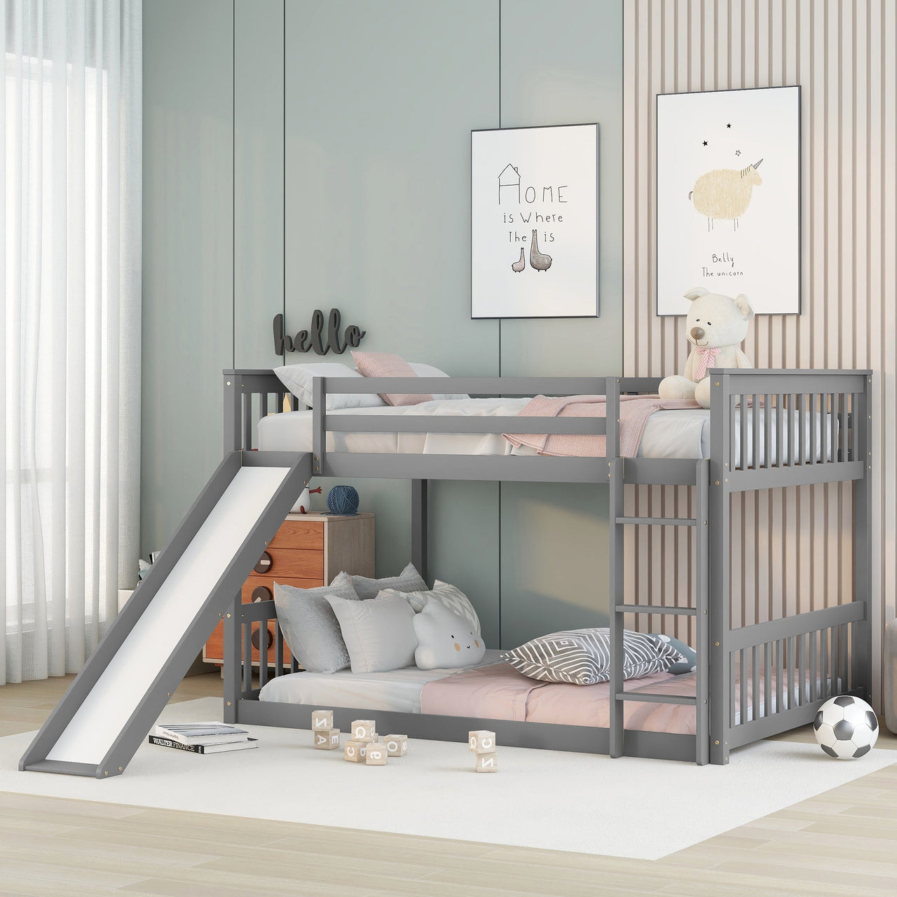 Masonstine Full over Full Bunk Bed with Slide and Ladder, Grey