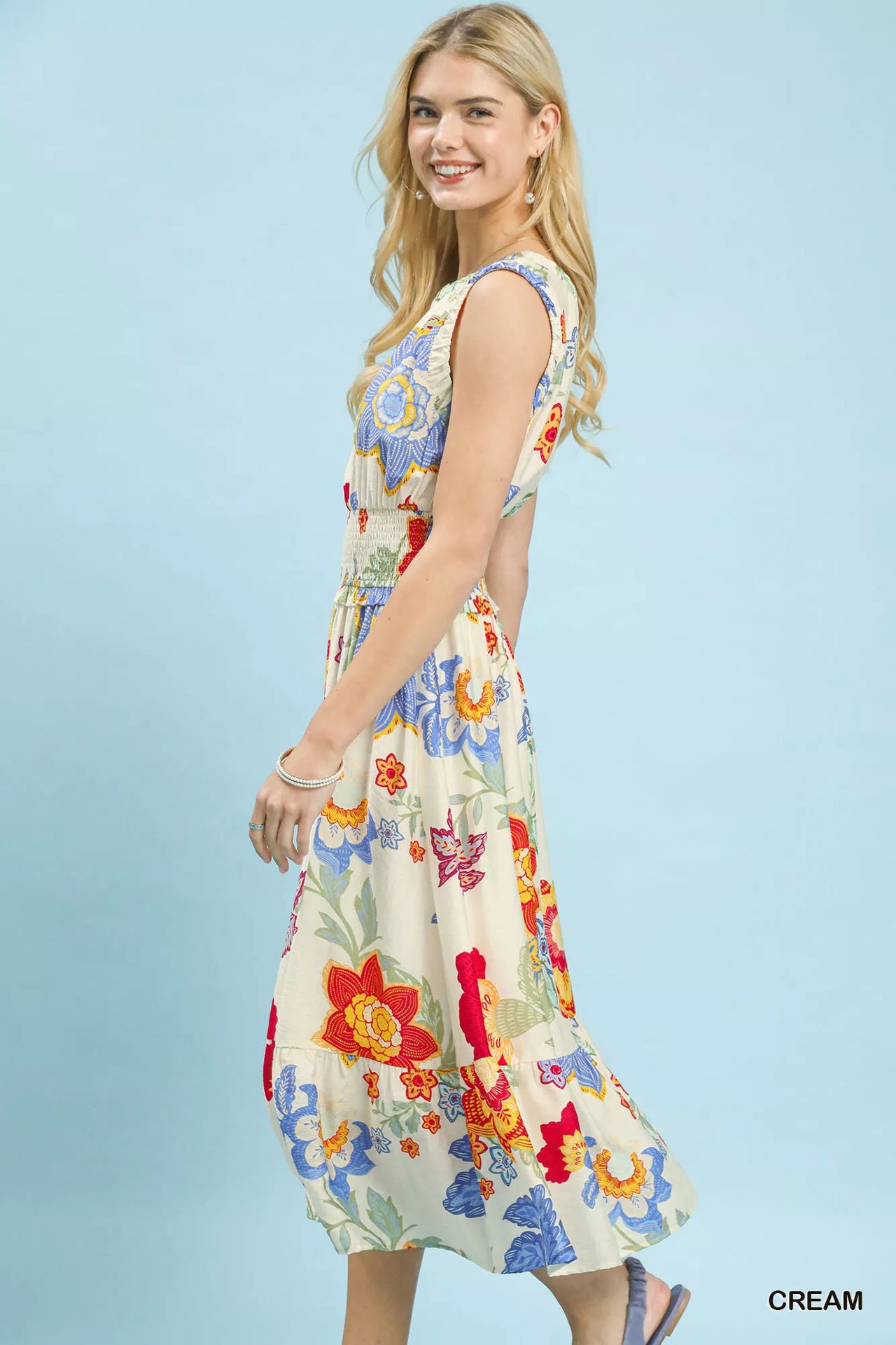 Umgee Floral Smocked Midi Dress