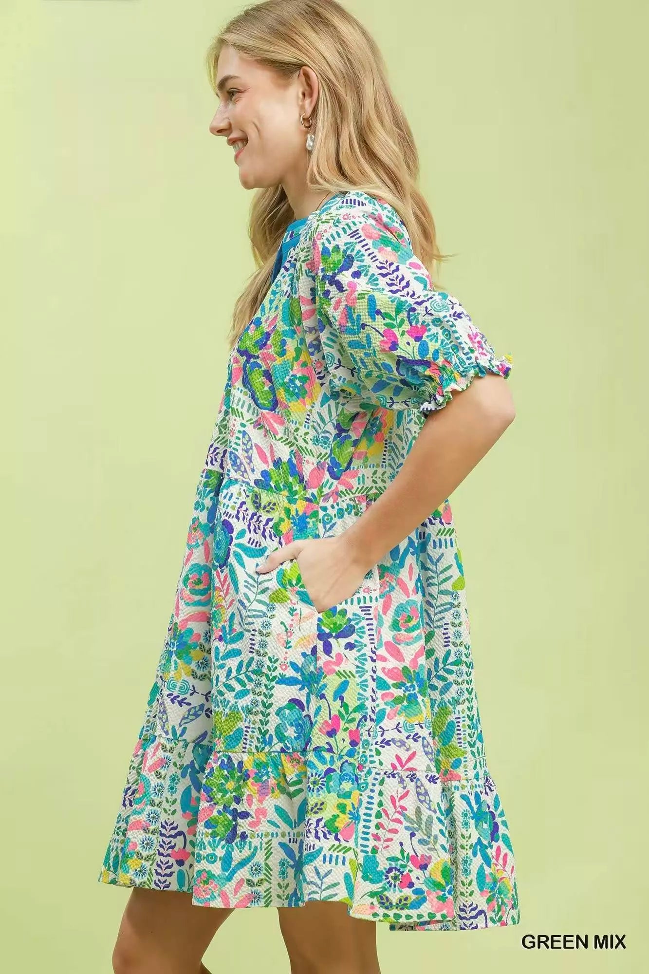 Umgee Mix Botanical Print Puff Sleeve Tiered Dress