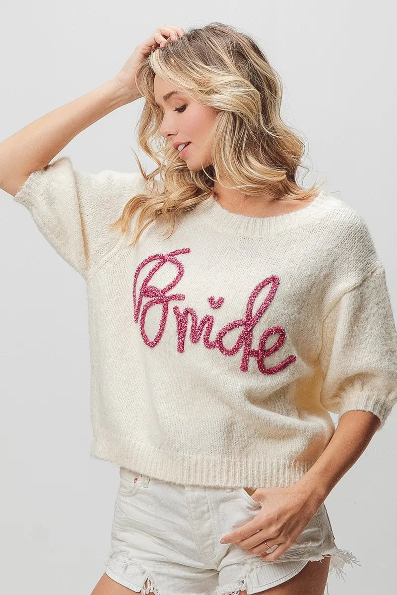 BiBi Metallic Letter Short Puff Sleeve Hairy Sweater
