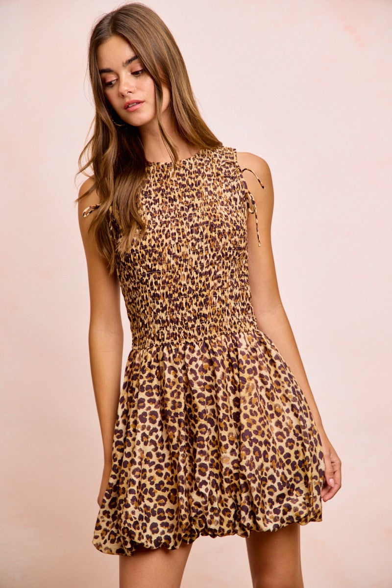 BiBi Leopard Bow Tie Attachable Puff Sleeves Dress