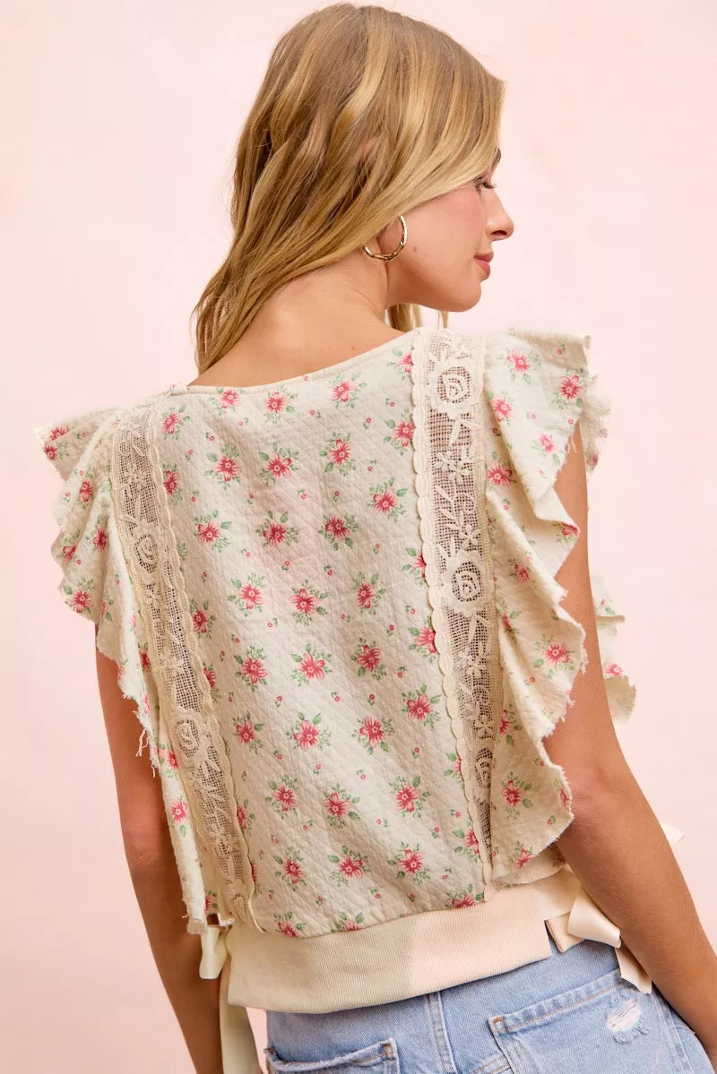 BiBi Flower Printed Ruffle Sleeve Trim Detail Top