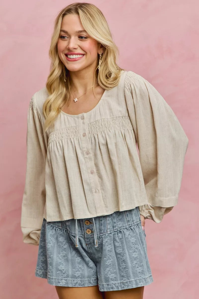 SO ME Linen Blend Woven Long Sleeve With Smocking Top