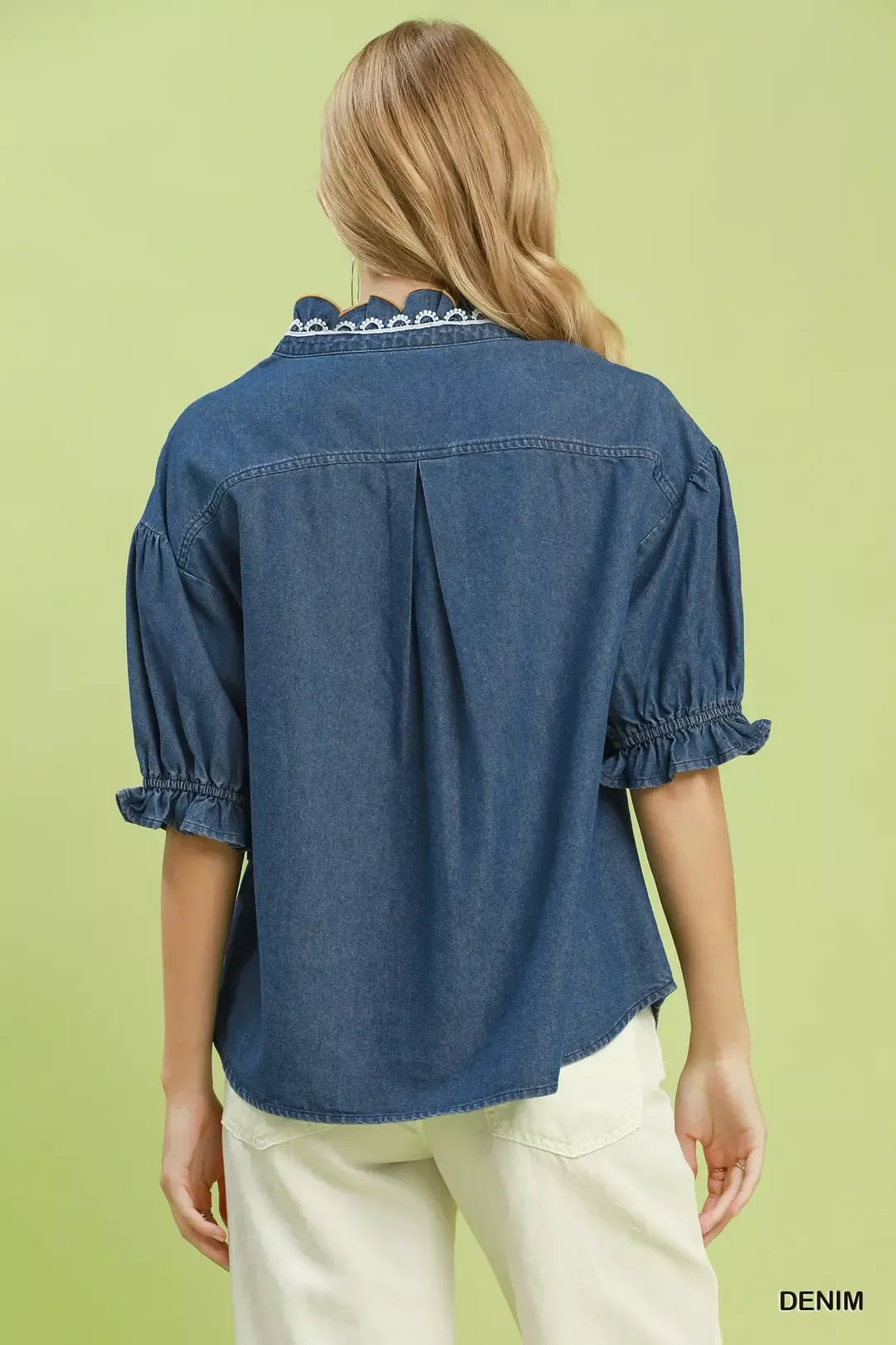 Umgee Chambray Scalloped Trim Button Front Blouse
