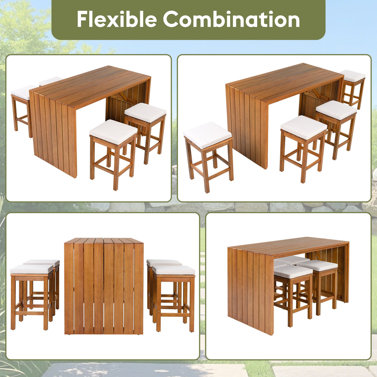 5 Piece Outdoor Bar Set, Patio Acacia Wood Bar Height Table & Four Stools with Cushions, Wood Dining Bar Set for Backyard, Poolside, Balcony, Beige Cushion and Natural Wood