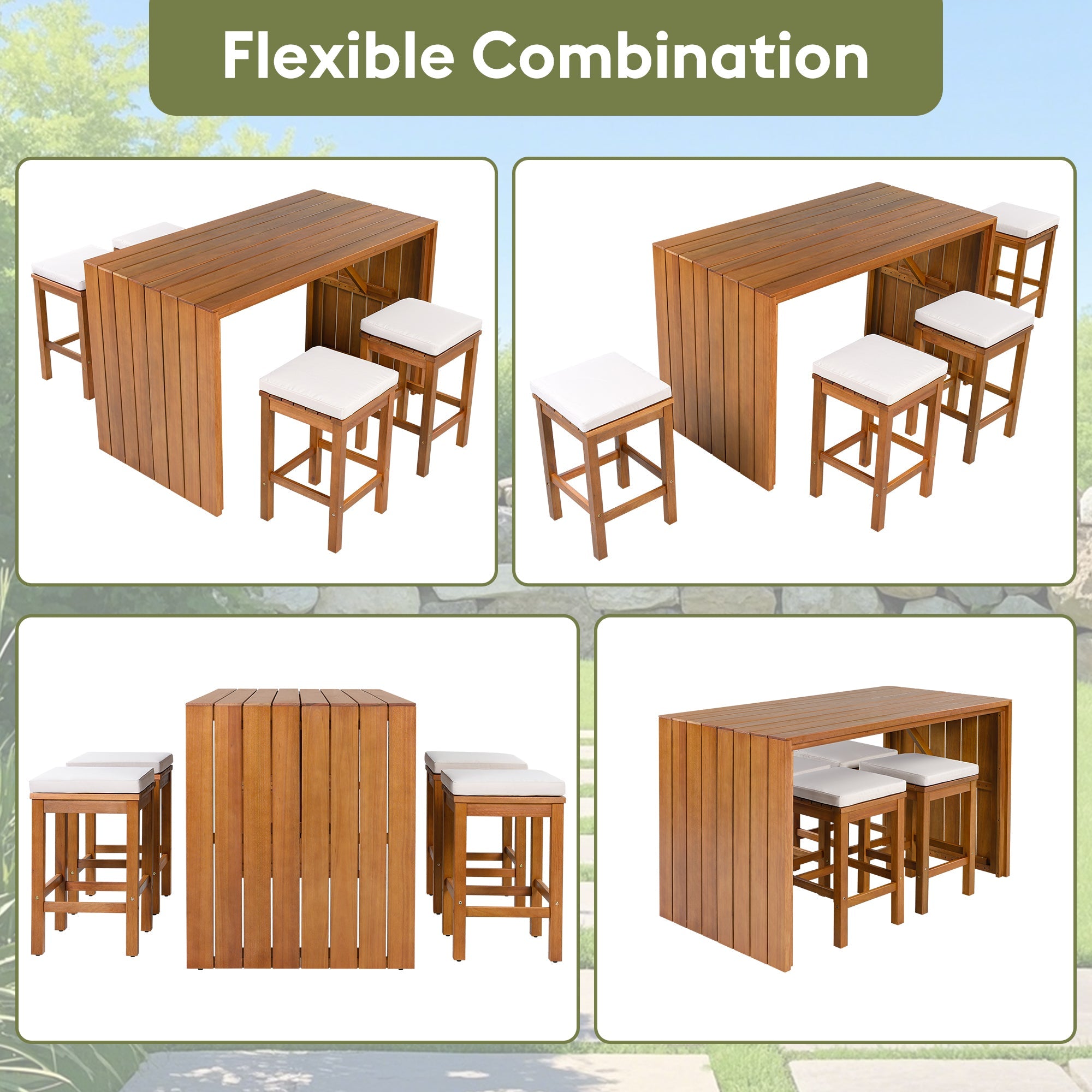 5 Piece Outdoor Bar Set, Patio Acacia Wood Bar Height Table & Four Stools with Cushions, Wood Dining Bar Set for Backyard, Poolside, Balcony, Beige Cushion and Natural Wood
