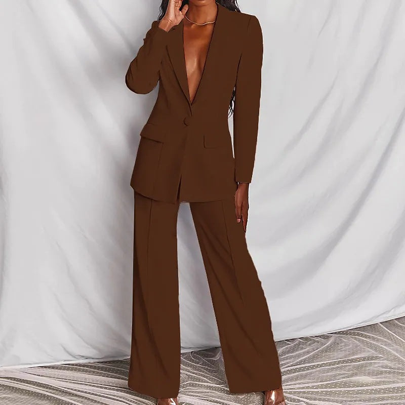 2pcs Casual Suit Lapel Button-down Blazer Jacket And Straight-leg Pants Office Commuting Business Trousers Set Clothing (See size chart where applicable)
