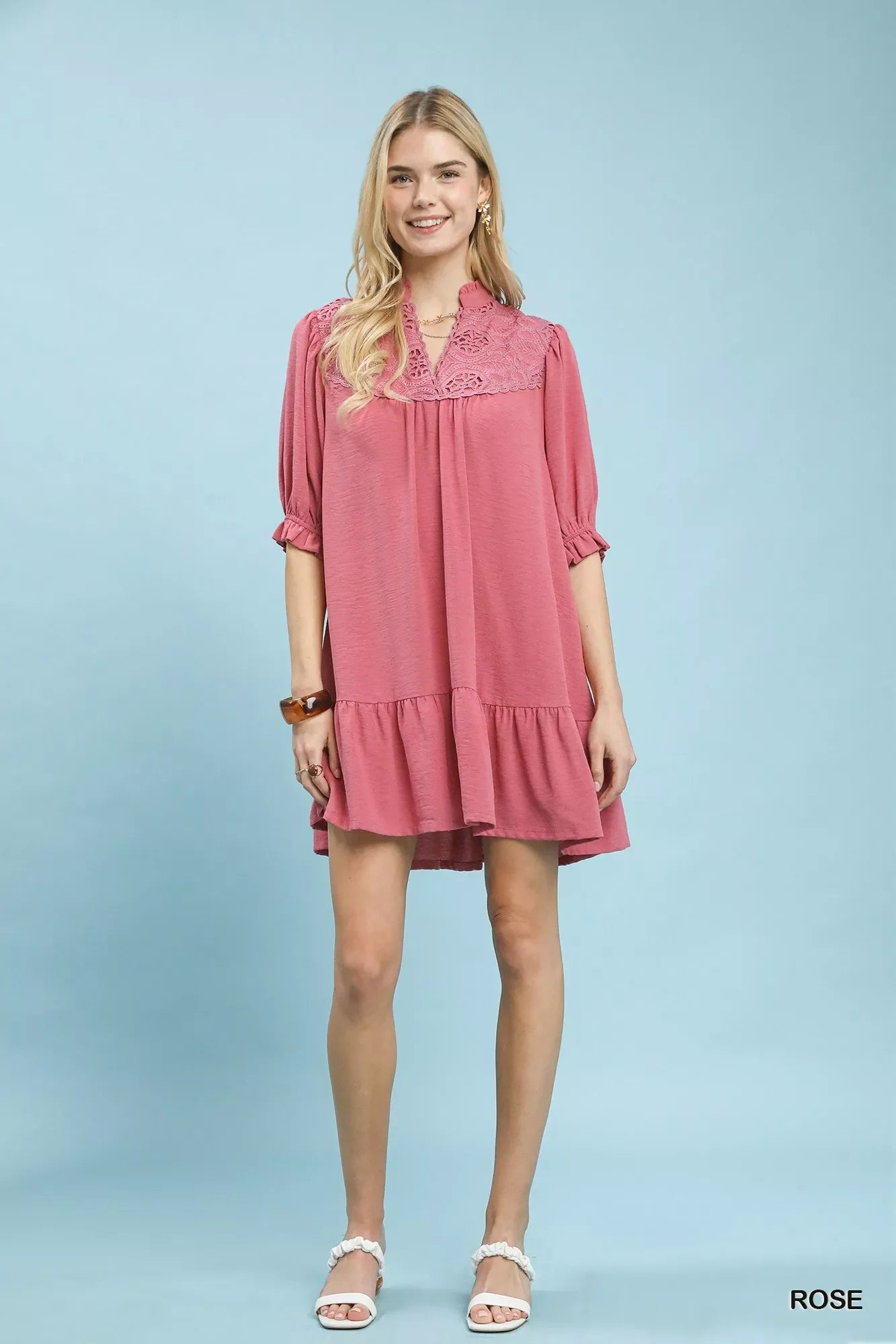 Umgee Lace Yoke Tiered Mini Dress