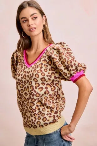 BiBi Leopard Pattern Puff Sleeve V-neck Sweater Top