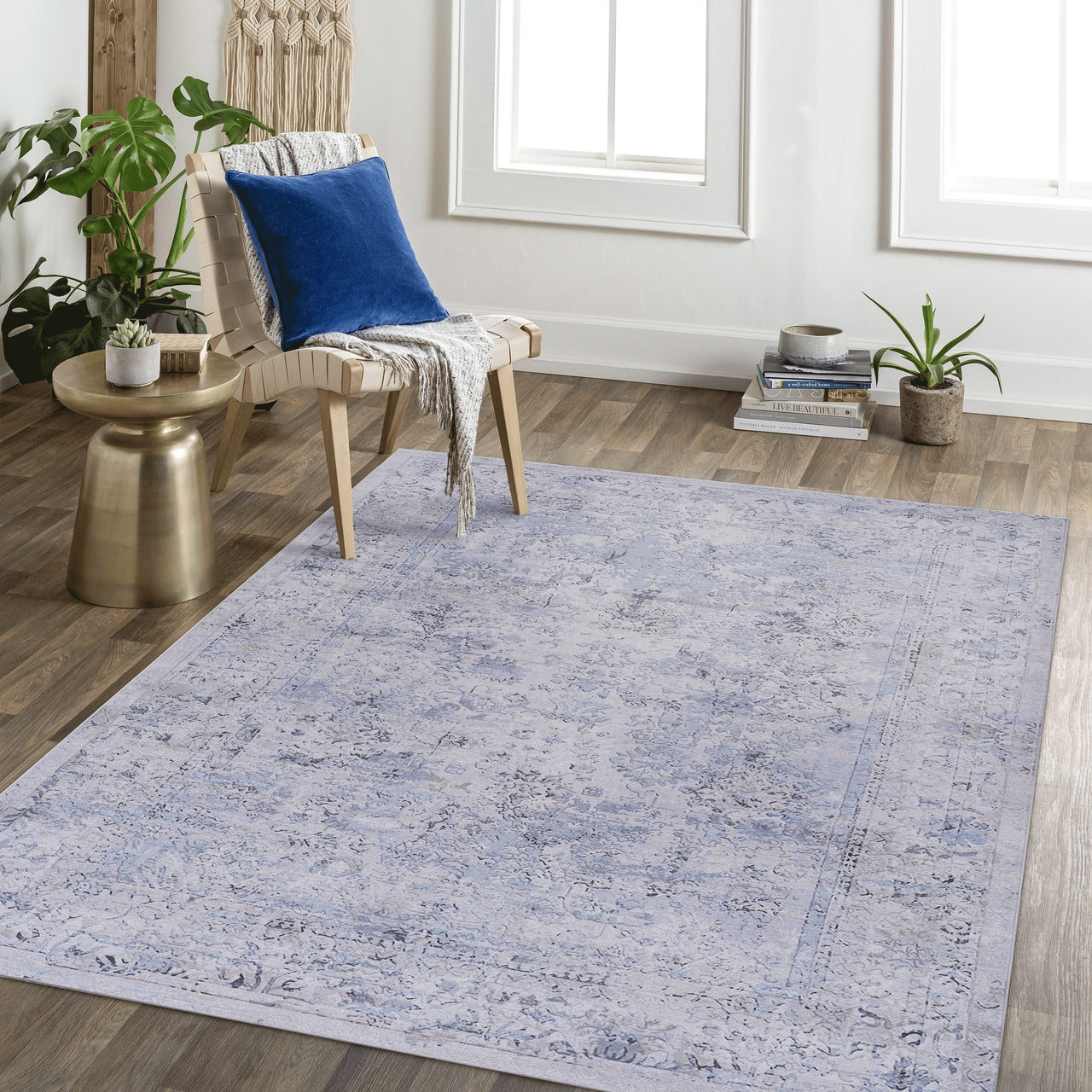 NAAR MAVAL Blue Washable Rug 5x8 Area Rug (Blue+Cream, 5' x 8')