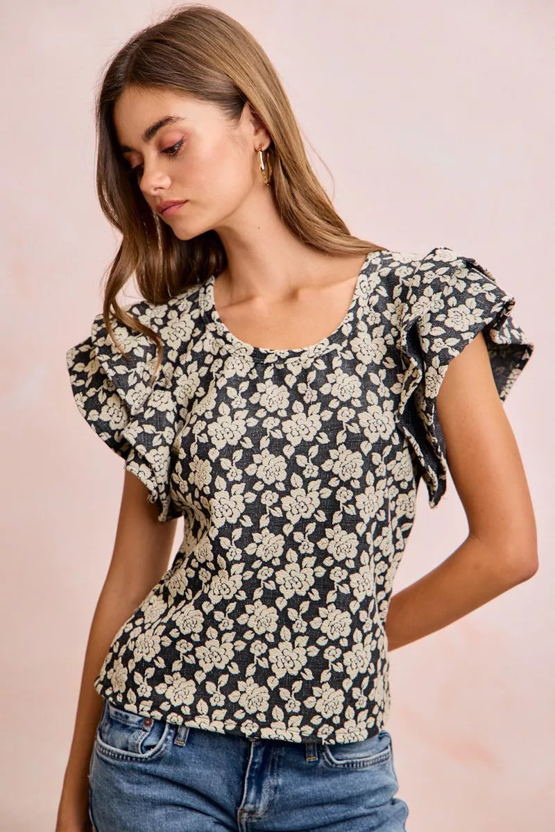 BiBi Floral Jacquard Ruffle Sleeves Knit Top