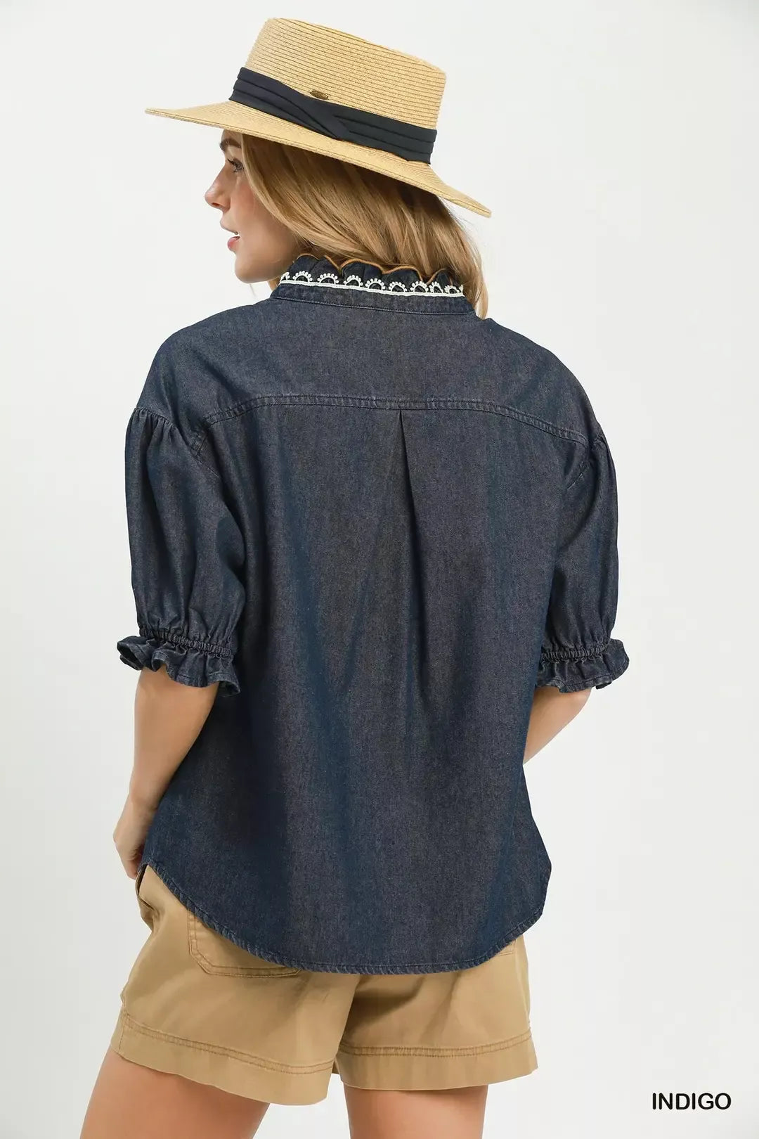 Umgee Chambray Scalloped Trim Button Front Blouse