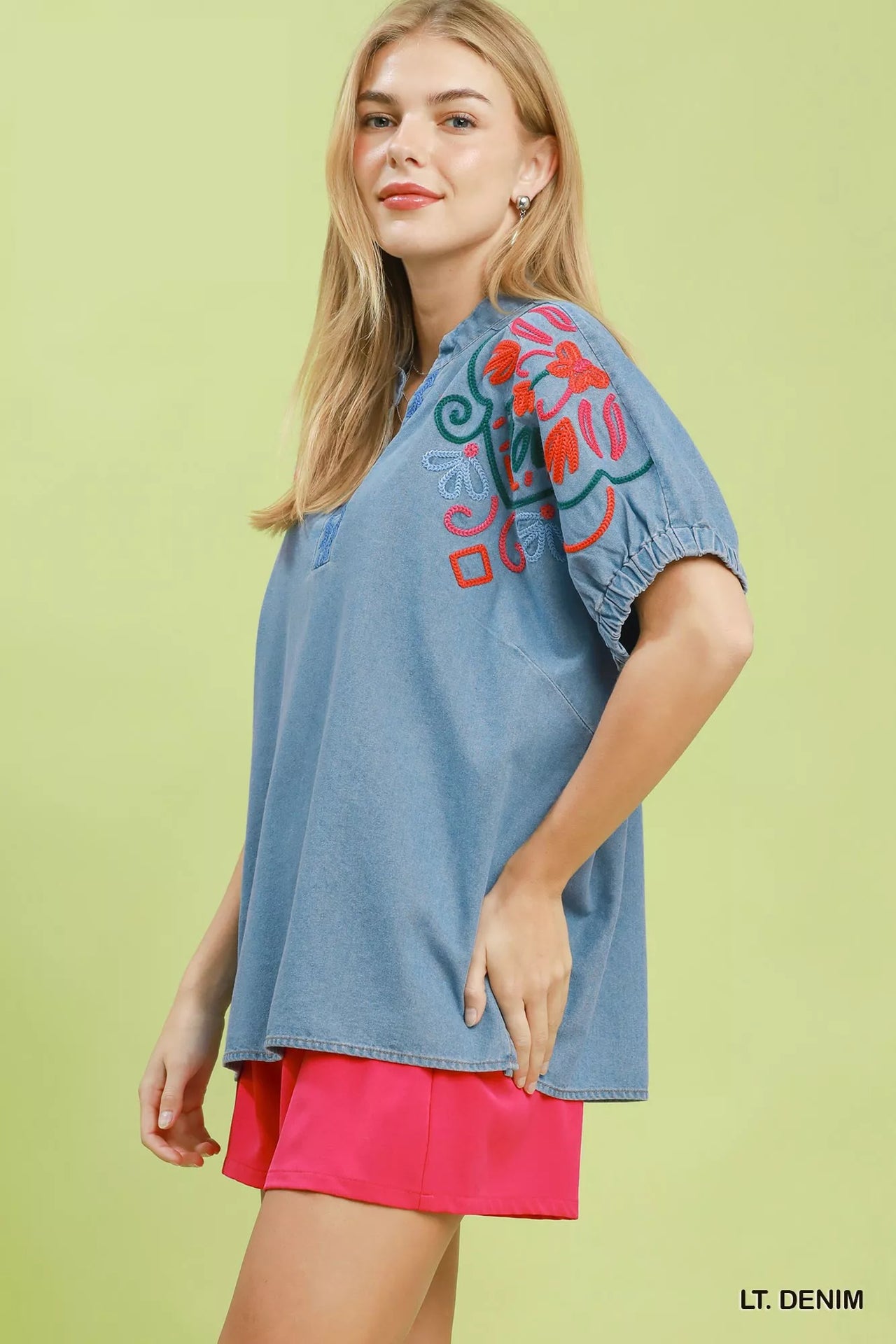 Umgee Embroidered Denim Puff Sleeve Top