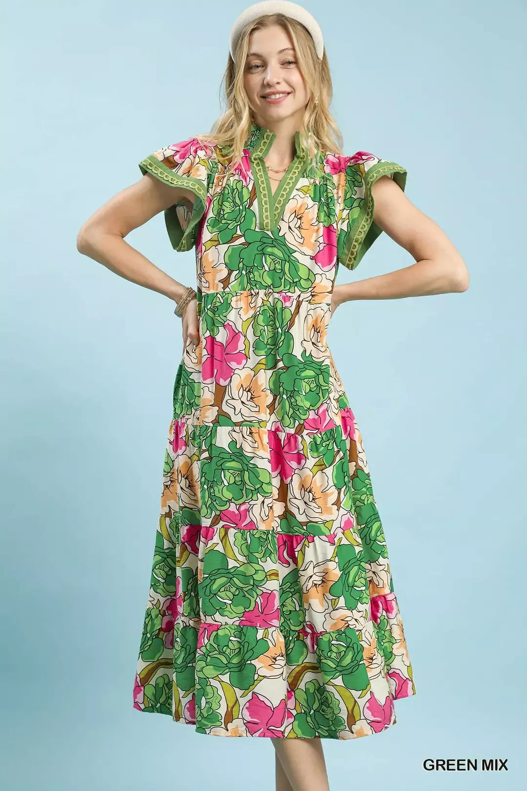 Umgee Mix Bold Floral Tiered Midi Dress