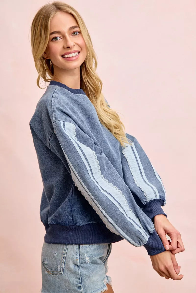 BiBi Washed Denim Lace Contrast Sided Sweatshirt